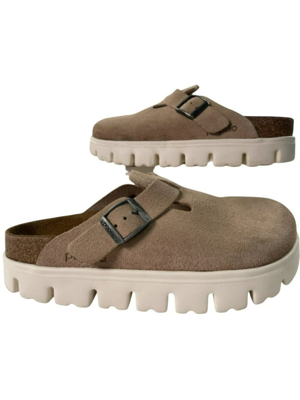 Papillio By Birkenstock Boston Chunky Clogs Buckle Suede Platform Beige Sz EU38